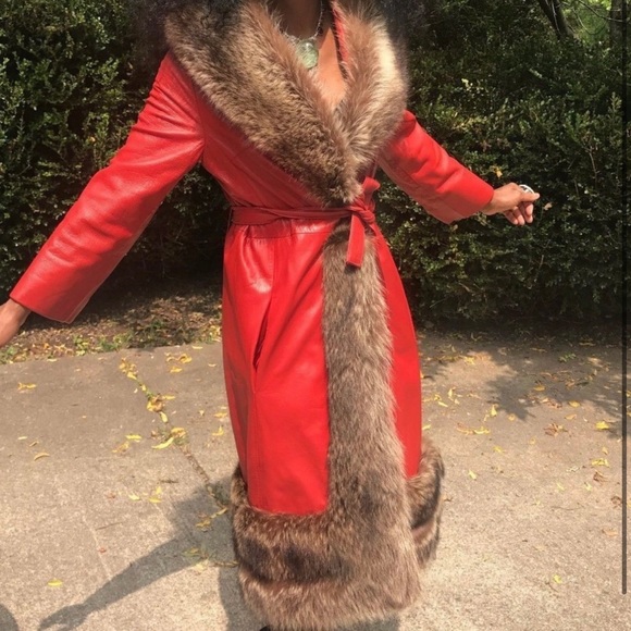 Vtg Designer Samuel Robert Lipstick red leather & Raccoon fur trim Jacket Coat S - Picture 6 of 12